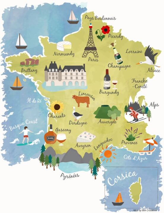 Mappa illustrata della Francia disegnata da Bek Cruddance per France Today website