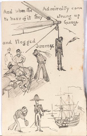 Three-small-drawings-illustrating-a-cautionary-tale-about-Three-Sailors-from-Bristol.-Sailor-hanged-from-the-yard-arm-sailor-being-flogged-and-humble-sailor-with-an-admiral